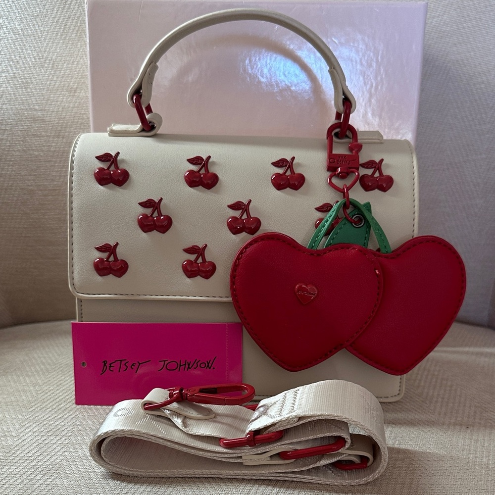 Betsy Johnson Cherry Embellished Cream and Red Handbag with Shoulder strap - Picture 2 of 15
